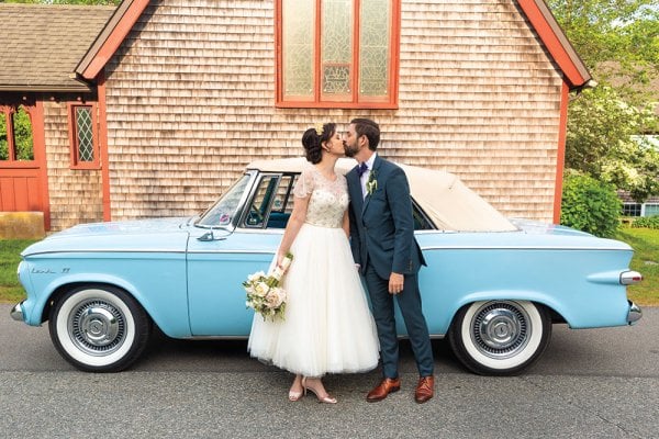 Bride and Groom with Vintage Car