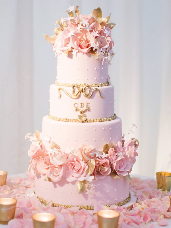 Pink and gold wedding cake