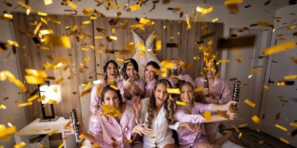 wedding party with confetti
